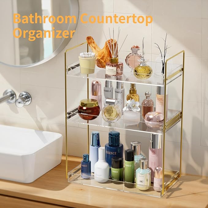 Bathroom Countertop Organizer, 3 Tier Acrylic Tray Vanity Counter Skincare Organizer Shelf, Kitchen Under Sink Standing Rack, Home Storage Holder for Lotion Makeup Cosmetics Perfume Spice, Gold | Vanity Counter, Kitchen Under Sink, Home Storage Holder,...