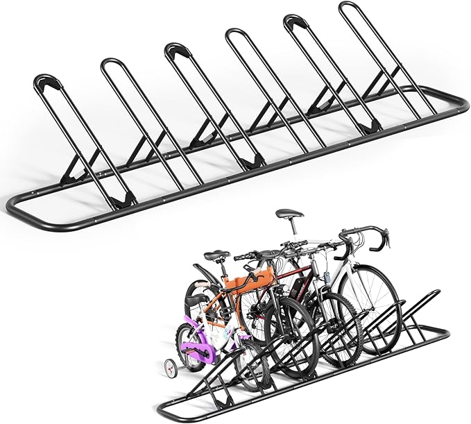 Mr IRONSTONE Floor Bike Rack for Garage, Indoor Outdoor Bicycle Storage Stand, Bike Parking Rack for Mountain, Road & Kids Cycles (Black, 6-Slot)