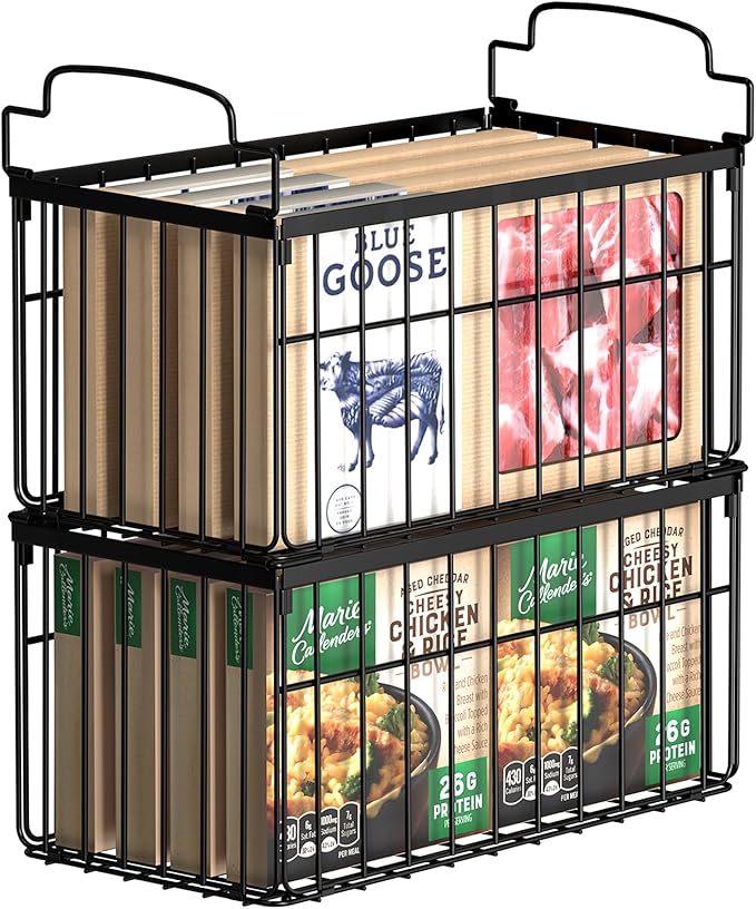 MSERCUOR Freezer Organizer Bins, 2 Pack Stackable Deep Chest Freezer Organizer Bins, Foldable Freezer Baskets with Handles, Black Freezer Storage Organizer Baskets for 5/ 7 Cu.FT Sort Frozen Meats