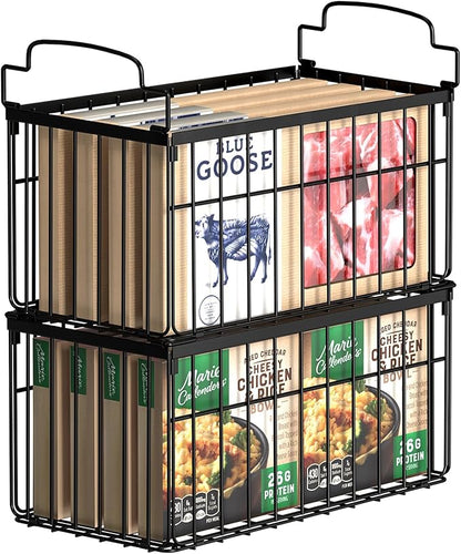MSERCUOR Freezer Organizer Bins, 2 Pack Stackable Deep Chest Freezer Organizer Bins, Foldable Freezer Baskets with Handles, Black Freezer Storage Organizer Baskets for 5/ 7 Cu.FT Sort Frozen Meats