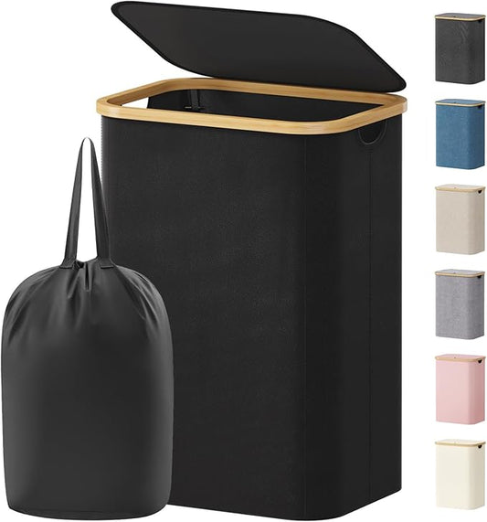 Lifewit 80L Laundry Basket with Lid, Clothes Hampers for Laundry with Bamboo Handles and 1 Removable Bag, Large Foldable Laundry Hamper for Bedroom, Bathroom, Dorm, Laundry Room, Black