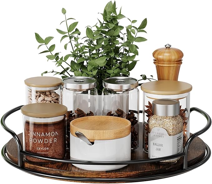 LLAMU 10'' Lazy Susan Organizer, Wooden Lazy Susan Turntable for Cabinet, Table Top, Kitchen, Pantry, Bathroom Countertop Organizer, 1 Pack