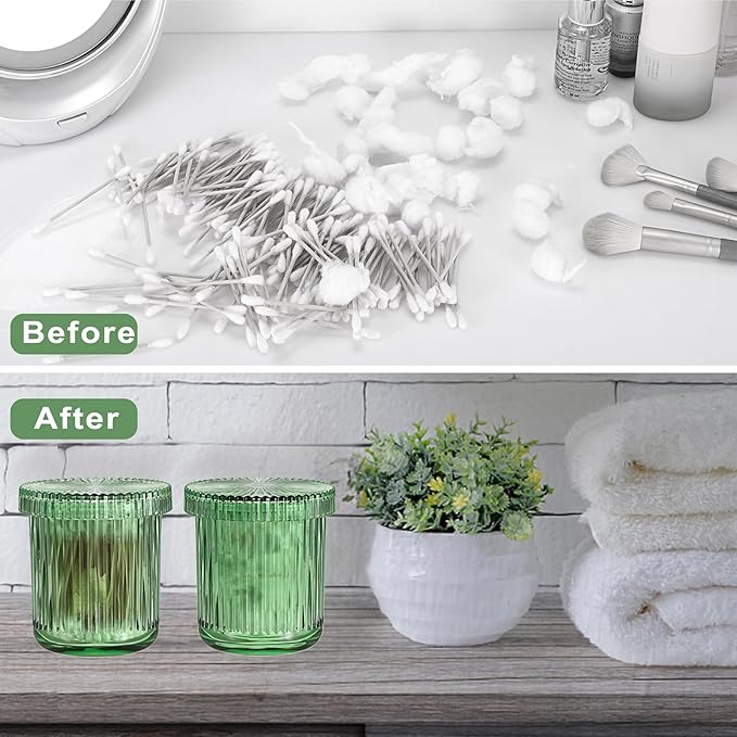 2 Pack Glass Qtip Holder with Lid, Qtip Dispenser Bathroom Storage Jars- Glass Apothecary Jars for Cotton Ball, Swab, Pads, Floss Picks, Bathroom Accessories Organization and Vanity Organizer(Green)