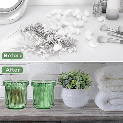 2 Pack Glass Qtip Holder with Lid, Qtip Dispenser Bathroom Storage Jars- Glass Apothecary Jars for Cotton Ball, Swab, Pads, Floss Picks, Bathroom Accessories Organization and Vanity Organizer(Green)