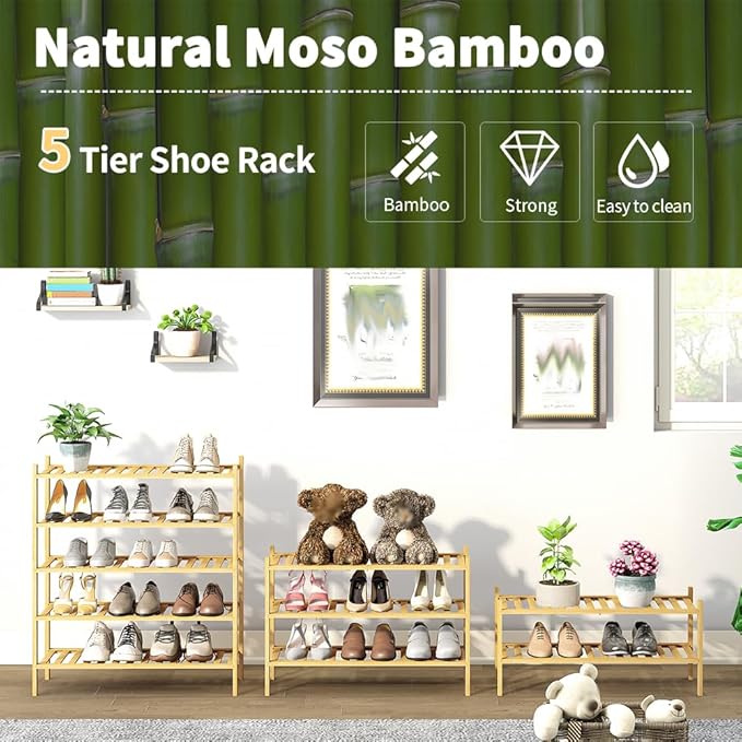 5-Tier Bamboo Shoe Rack for Entryway, Stackable | Heavy Duty | Multi-Function, Free Standing Shoe Racks for Bedroom Hallway Closet