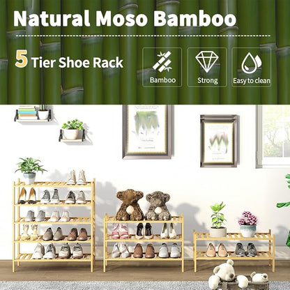 5-Tier Bamboo Shoe Rack for Entryway, Stackable | Heavy Duty | Multi-Function, Free Standing Shoe Racks for Bedroom Hallway Closet