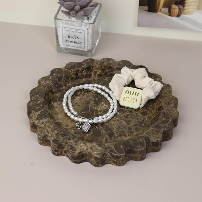Round Marble Decorative Tray with Scalloped Edge, Luxury Natural Stone Bathroom Vanity Tray, Dresser Top Perfume Coffee Home Kitchen Sink Tray, Key Trinket Ring