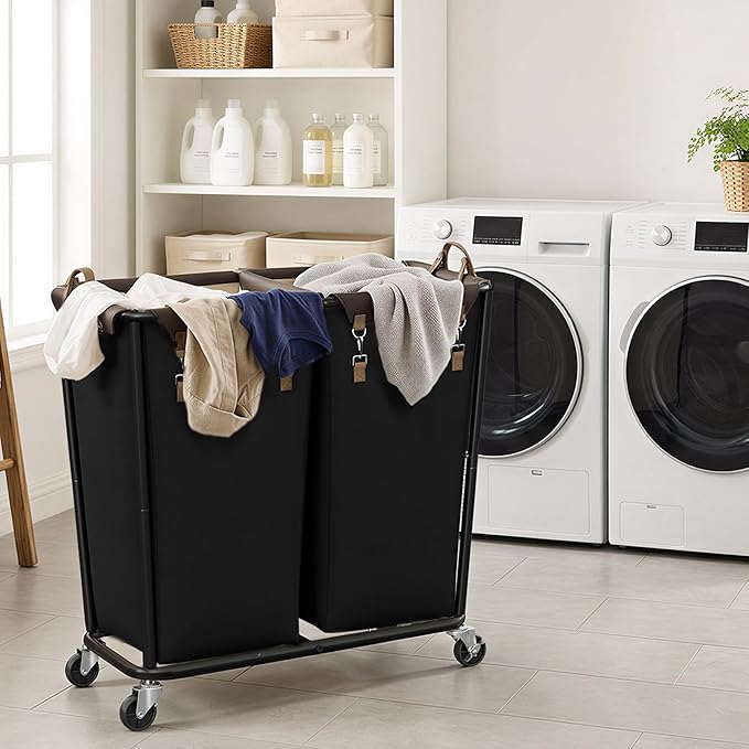 StorageWorks 330L Extra Large Laundry Hamper with Wheels, Laundry Basket with Wheels 2 Sections, Clothes Sorter Cart with Divider for Hotel, Home, Black, 1-Pack