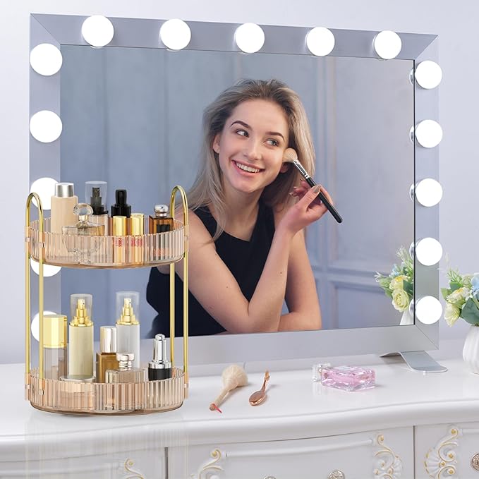 MOKANI 360 Rotating Makeup Organizer for Vanity, 2 Tier Adjustable Perfume Organizer for Dresser, Multi-Function Spinning Cosmetics Skincare Storage for Bedroom, Dresser, Countertop, Amber