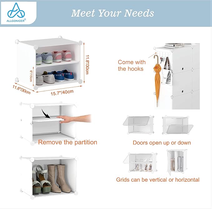 Patented Shoe Racks Organizers Shelves, Floor-Standing, Wall Hanging, Sturdy and extendable. Easy DIY Assembly, for Door Entrance, Closet, and Workplace (2x8Grid, White)