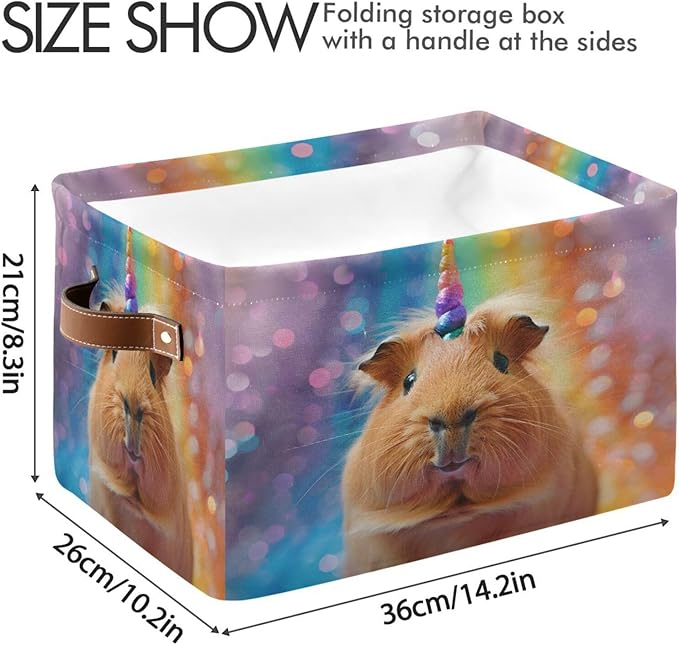 Large Storage Basket Rainbow Guinea Pig Unicorn Storage Bin Cube Canvas Fabric Organizer Handles Collapsible for Clothes Toys Bedroom Decorative