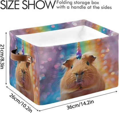Large Storage Basket Rainbow Guinea Pig Unicorn Storage Bin Cube Canvas Fabric Organizer Handles Collapsible for Clothes Toys Bedroom Decorative