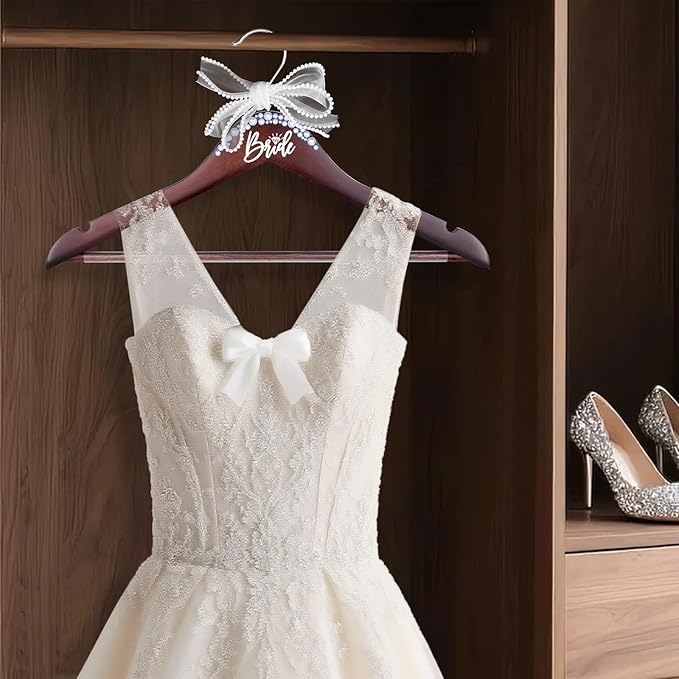 Bride Hanger for Wedding Dress Wooden Pearl Hangers with Pearl Ribbon Bow Elegant Bridal Mrs Wedding Dress Hanger, 2PCS Personalized Wedding Hangers (Walnut)