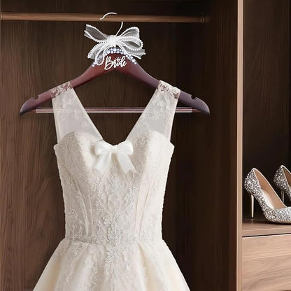 Bride Hanger for Wedding Dress Wooden Pearl Hangers with Pearl Ribbon Bow Elegant Bridal Mrs Wedding Dress Hanger, 2PCS Personalized Wedding Hangers (Walnut)