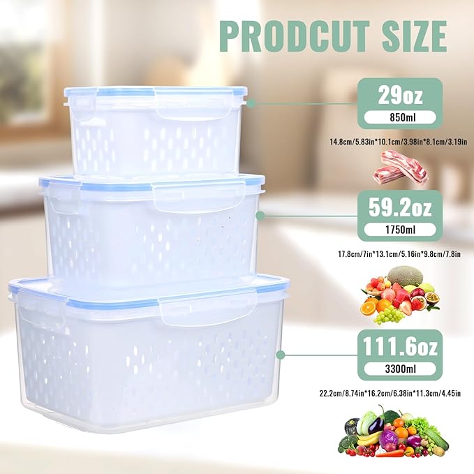 3 PCS Fruit Storage Containers for Fridge Food Berry Storage Container Set with Removable Strainer Lid Berries Container for Fridge BPA-Free Plastic Crisper for Long-Term Freshness