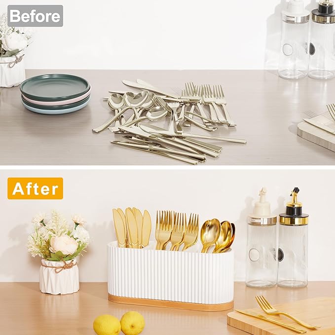 HouseJoy Countertop Silverware Holder, Silverware Caddy Organizer Holder for Forks, Spoons, Knives, Cutlery Caddy with 3 Compartments, Kitchen Utensil Holder for Party, Countertop