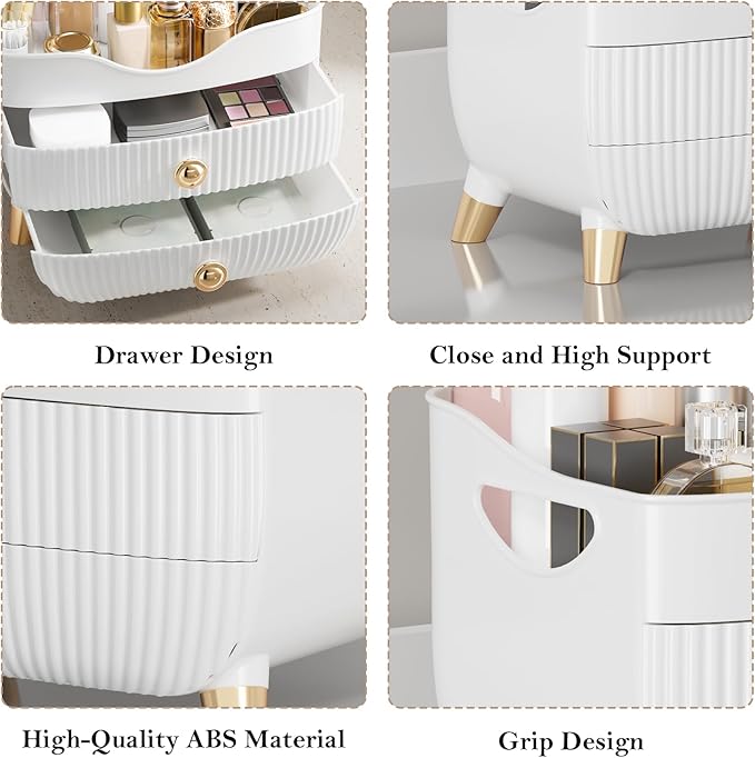 Makeup Organizer Countertop, Large Capacity Skincare Cosmetic Organizer for Vanity with 2 Drawers, Cosmetic Display Cases Makeup Storage Box for Bedroom, Bathroom, Ideal Gifts for Women(White)
