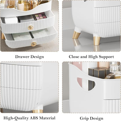 Makeup Organizer Countertop, Large Capacity Skincare Cosmetic Organizer for Vanity with 2 Drawers, Cosmetic Display Cases Makeup Storage Box for Bedroom, Bathroom, Ideal Gifts for Women(White)