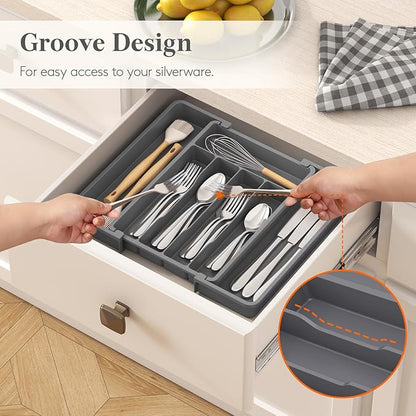 Lifewit Silverware Drawer Organizer, Expandable Utensil Tray for Kitchen, BPA Free Flatware and Cutlery Holder, Adjustable Plastic Storage for Spoons Forks Knives, 8.5-14 x 12", Dark Gray