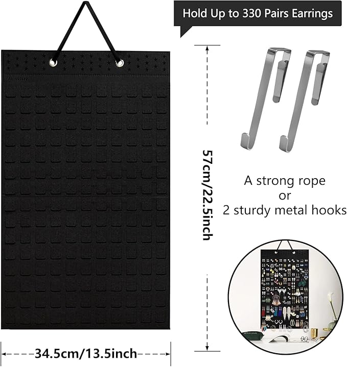 Earring Organizer Hanging Earring Holder, Holds Up To 330 Pairs, Soft Felt Wall Mount Earring Display Holder Stud Earrings Organizer for Women Girls - 1 Pack (Include Metal Hook and Rope)