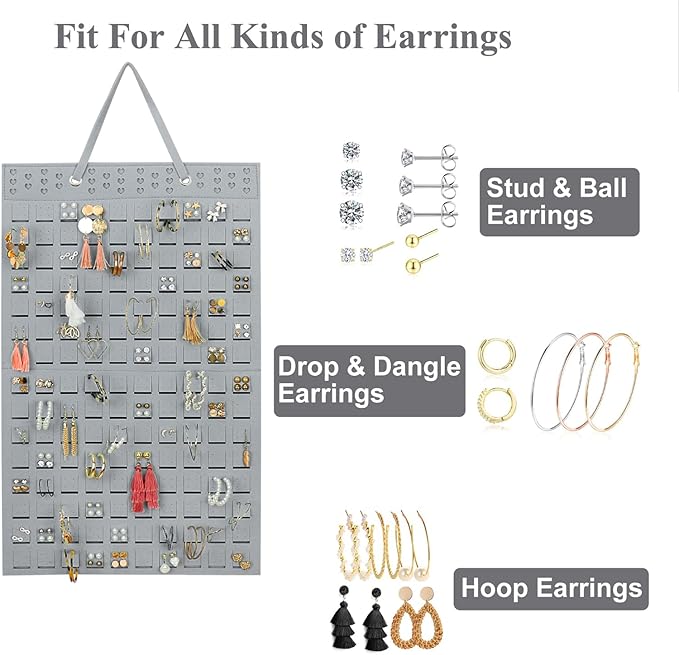 Resovo Hanging Earrings Organizer, Wall Earring Holder with 2 Hooks, Holds Up To 300 Pairs, Compact Design, Soft Material-Silber Grey