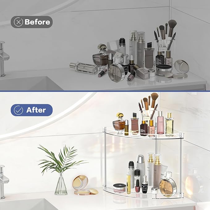 2 Tier Corner Bathroom Organizer, Clear Bathroom Counter Shelf for Vanity Countertop, Kitchen, Sink Storage, Tiered Skincare Organizer for Makeup, Perfume, Beauty Supplies (Triangular)