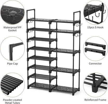 ROJASOP Shoe Rack Organizer, 8-Tier Metal Shoe Rack for Closet Entryway Garage, 26-32 Pairs Tall Shoe Boot Storage Shelf with 15 Hooks, Stackable Large Shoe Stand