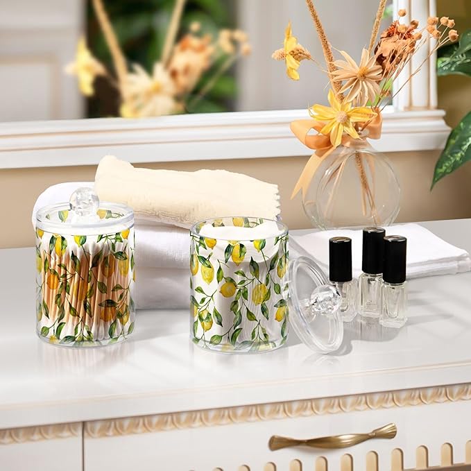 ALAZA 2pcs Watercolor Lemon Leaf Qtip Holder Dispenser 14 oz Bathroom Storage Clear Apothecary Jars Containers Cotton Ball,Cotton Rounds,Floss Picks, Hair Clips, Food
