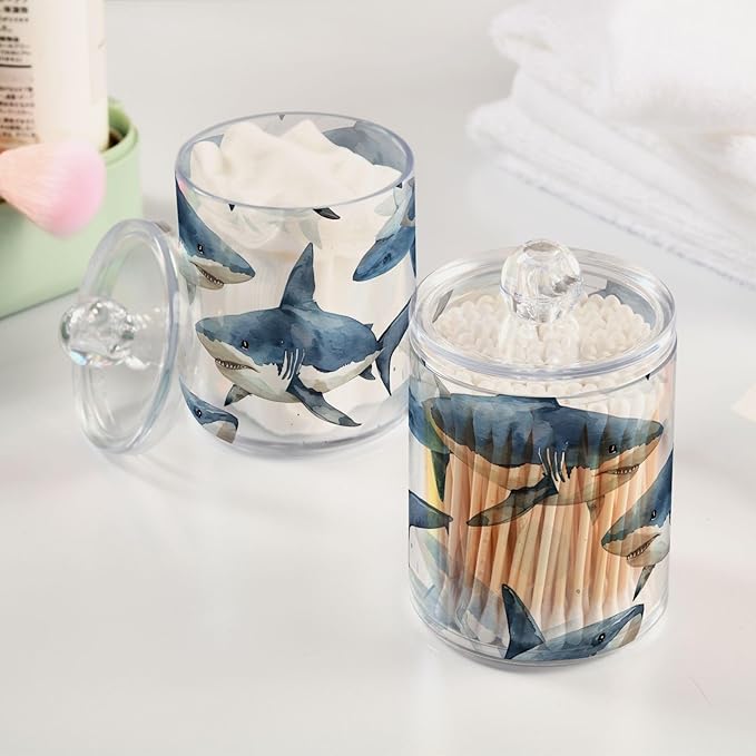 Fierce Sharks 4 Pack Plastic Storage Jar with Lid, Cotton Swabs Cans, Bathroom Canisters for Organizing Cotton Balls, Floss