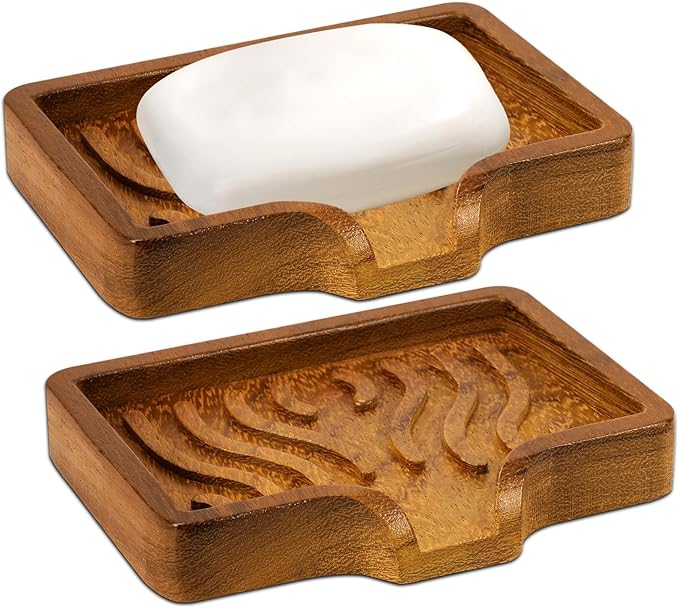 DEBETOOL 2Pack Wood Soap Dish - Natural Wooden Bar Soap Holder with Drain Spout Fast Drying for Shower & Kitchen Sink, Bathroom Sponge Holder with Tray（Waterproof）