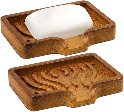 DEBETOOL 2Pack Wood Soap Dish - Natural Wooden Bar Soap Holder with Drain Spout Fast Drying for Shower & Kitchen Sink, Bathroom Sponge Holder with Tray（Waterproof）