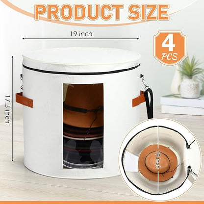 Suzile 4 Pcs Hat Boxes Oversized Round Cowboy Hat Storage Box for Women Men 19" x 17" Cowboy Large Felt Organizer Bag Baseball Cap Container with Dustproof Lid for Clothes Case Travel Gift(White)