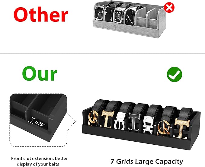 Belt Organizer for Drawer - Bamboo Belt Storage Organizer | Belt Rack for Closet Wall Mount Men Women Tie Sock Bra Scarf Ribbon (Black, 7 Grids)