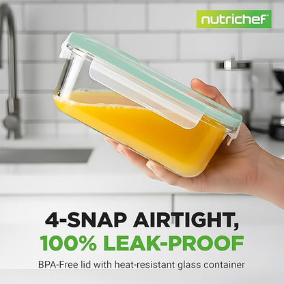 NutriChef 10 Piece Glass Food Storage Containers with Lids – 30 oz Meal Prep Containers Reusable Glass – Airtight Lunch Containers for Food Storage – Freezer to Oven Safe - Green