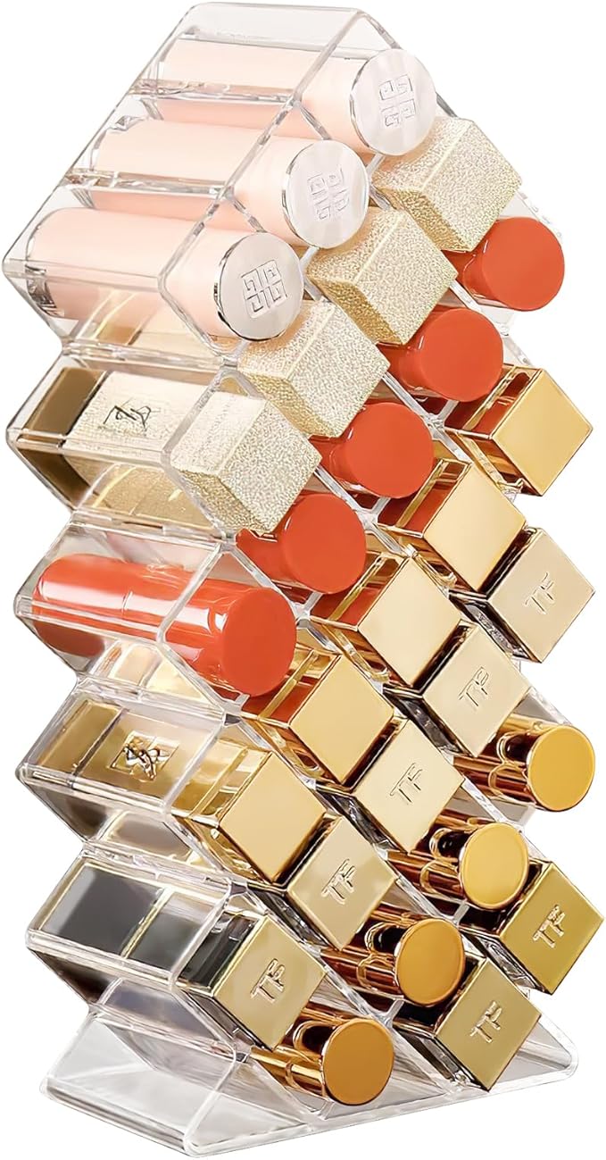 Lipstick Organizer, 28 Slots Acrylic Lip Holder, Stackable Lip Gloss Organizer, Fish Lipstick Tower Holder Storage for Cosmetic Bathroom Vanity Countertop Display (28 Slots)