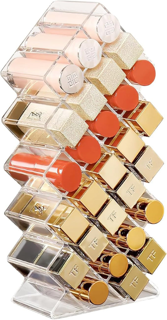 Lipstick Organizer, 28 Slots Acrylic Lip Holder, Stackable Lip Gloss Organizer, Fish Lipstick Tower Holder Storage for Cosmetic Bathroom Vanity Countertop Display (28 Slots)