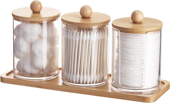 Tbestmax 10 oz Qtip Holder with Vanity Tray, 3 Pack Cotton Swab/Ball/Pad Dispenser Apothecary Jar, Clear Bathroom Containers Dispenser for Storage Bamboo Lids