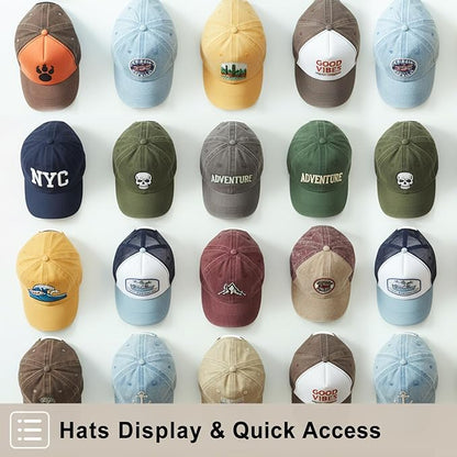 20 Pack Hat Organizer Rack for Baseball Caps, Adhesive Hat Holder Floating Display for Wall, Over the Door and Closet, No-Drilling Room Organization & Decor Hook Accessories