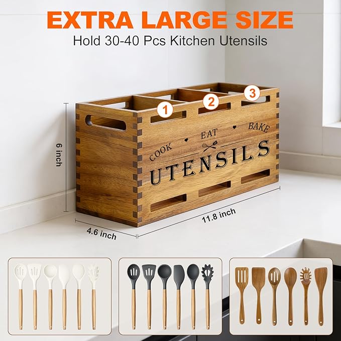 Acacia Wood Extra Large Utensil Holder for Kitchen Counter Rustic Spatula Holder For Counter Top Organizer Kitchen Cooking Utensil Storage Countertop Silverware Caddy Wooden Spoon Kitchen Tools Holder