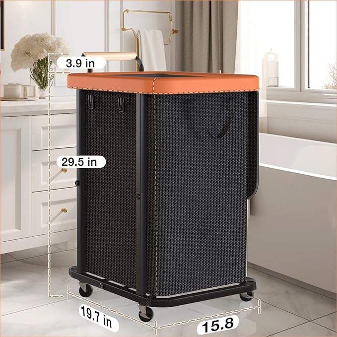 40 Gal (150L) Laundry Hamper with Lid, Leather Patchwork Laundry Basket with Rolling Lockable Wheels and Handle, Laundry Basket Organizer for Laundry Room, Bedroom and Bathroom,Laundry Room - Black