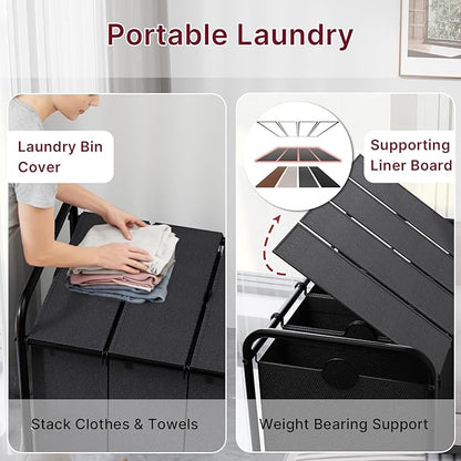 180L Laundry Sorter 4 Section – Heavy Duty Rolling Laundry Basket with Lockable Wheels and Lid, 4 Large Separate Removable Bags, Laundry Hamper Cart for Laundry Room Organizer (Black)
