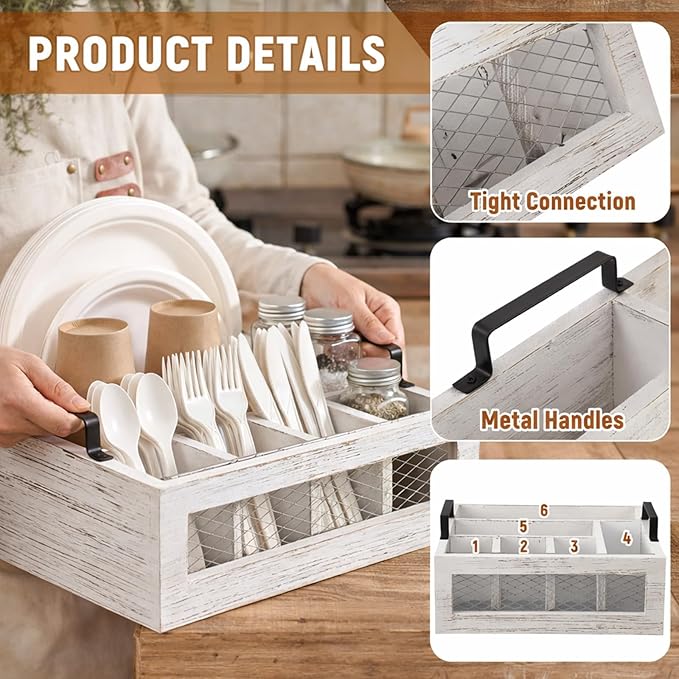 Mimorou Farmhouse Wooden Napkin Paper Plate and Utensil Holder Caddy Kitchen Utensil Holder Farmhouse Rustic Cutlery Flatware Organizer for Party Caddy Spoon Forks Napkins(Distressed White)