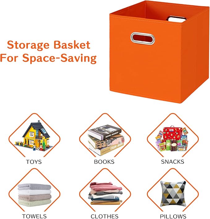 Black Fabric Cubby Storage Bins,13x13x13 Inches ,Cube Organizer Bin Foldable Storage Boxes with Dual Handles Fabric Organizer Box and collapsible Storage basket,Set of 3,Orange
