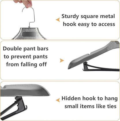 DEDU Suit Hangers for Men 15 Pack, Silver Gray Coat Hangers Extra Wide Non Slip Width 17.7", Thick Plastic with Pants Bar & Metal Hook