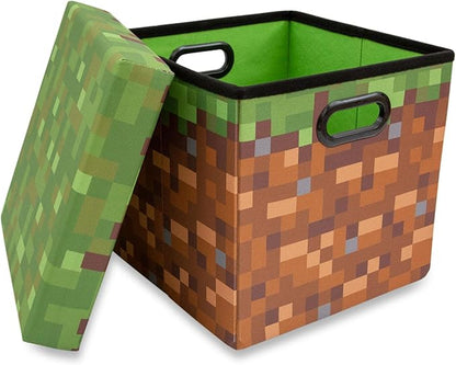 Minecraft Grassy Block 13-Inch Storage Bin Chest with Lid | Foldable Fabric Basket Container, Cube Organizer with Handles, Cubby for Shelves, Closet | Home Decor Essentials, Video Game Gifts