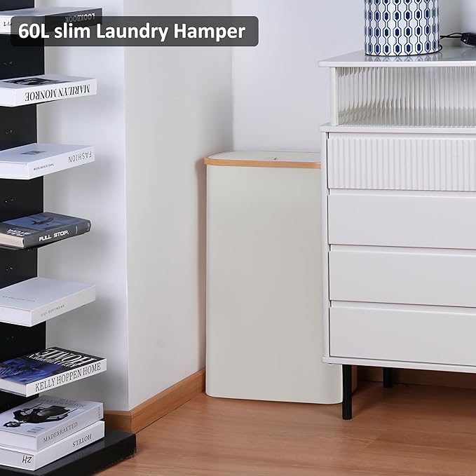 Slim Laundry Hamper,Narrow laundry Hamper with Lid,60L Hamper for Laundry,Dirty Cloth Hamper with Bamboo Handle for Towels, Clothes Organizing,Beige