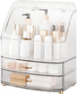 Makeup Organizer Countertop Vanity with Transparent Lid Drawers Waterproof Dustproof Cosmetic Skincare Bathroom Storage Gift for Women Teens Girls (Clear Whtie)