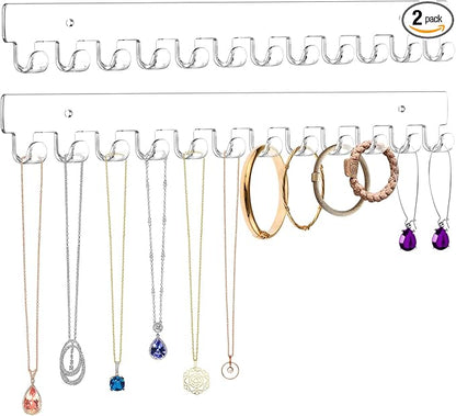 13.8 inch Acrylic Necklace Holder 2 Pack Wall Mounted Necklace Organizer Hanging Jewelry Organizer with 12 Hooks for Necklaces, Bracelets, Rings and Bangles Display