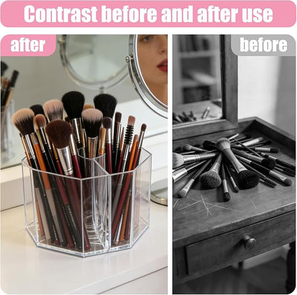 Acrylic Makeup Brush Holder, 360°Rotating Makeup Brush Organizer with 5 Grids, Clear Makeup Holder for Courtup, Bathroom Vanity Desktop Organizer (Rhombus)