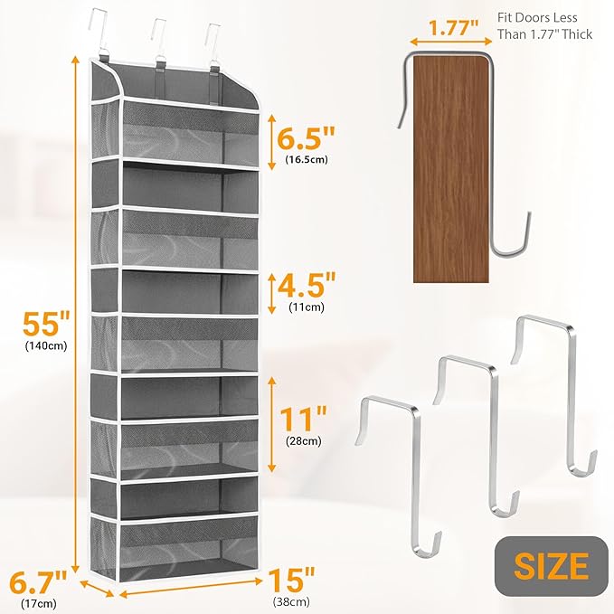 Gray 5 Layers Over The Door Organizer, Heavy Duty Hanging Organizer with Clear Window, 5 Large Pockets & 10 Mesh Side Pockets for Bedroom, Bathroom, Pantry, Nursery, Stores Shoes, Diapers